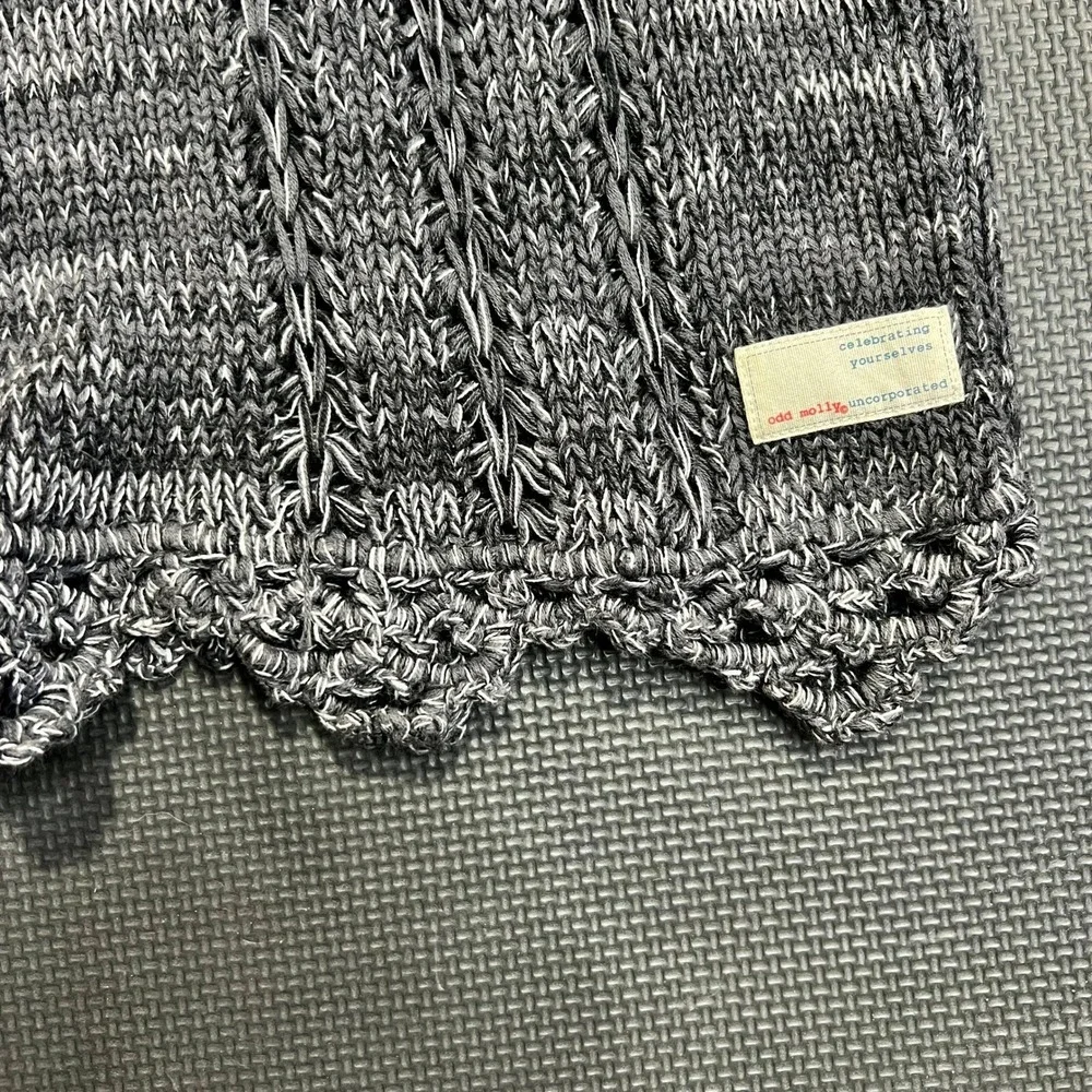 Odd Molly Black Open Knit Sweater‎ Sz O Boho Cottagecore Crochet Hem 100% Cotton